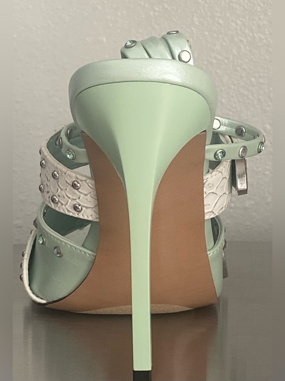 NEW STEVE MADDEN STUDDED METAL BUCKLE ANKLE WRAP STILETTOS IN MINT - Picture 8 of 15